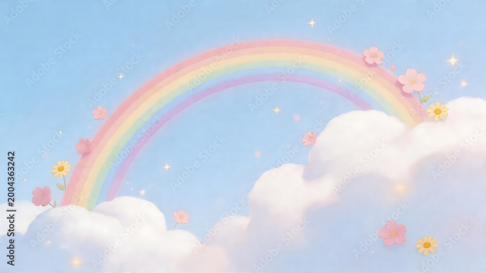 Naklejka premium Rainbow with flowers and clouds