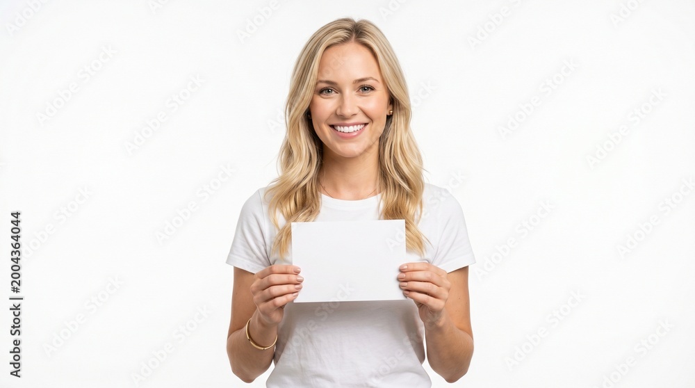 Fototapeta premium Smiling Blonde Woman Holding Blank White Card Isolated