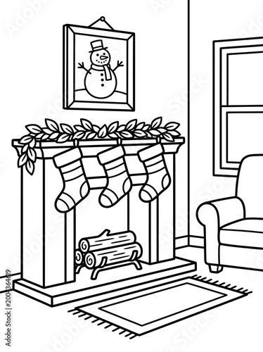 Line drawing of a cozy living room with a Christmas stockings hung by fireplace with a snowman picture on the wall.
