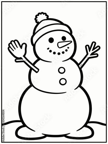 A cheerful cartoon snowman wearing a hat and waving both hands in a black and white line drawing with a playful mood against a clean white background.