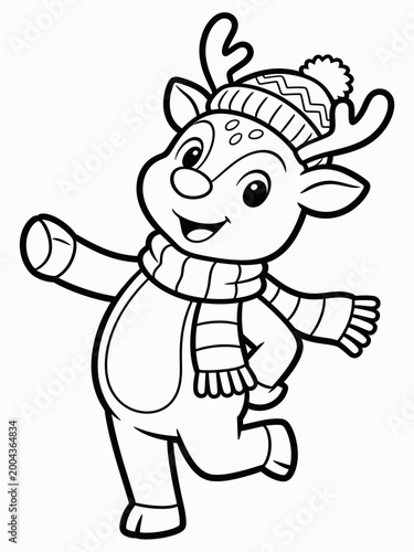 A cheerful cartoon reindeer wearing a knit hat and scarf, standing with arms outstretched in a playful pose against a plain white background with a joyful and festive mood.