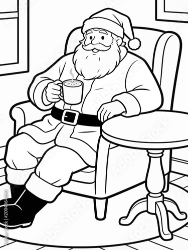 A seated Santa Claus in a chair holding a mug with a table beside him in a room with a line art style and a calm mood.