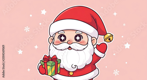 A cute cartoon Santa Claus with sparkling starry eyes, holding a small green gift box tied with a red ribbon, against a pink background with snowflakes and stars.