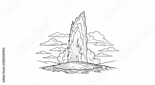 Photos Line art illustration of a geyser erupting amidst clouds and rolling hills