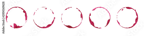 Wine glass stains set. Red circular wine rings and splashes on white background. Realistic beverage marks collection for bar or restaurant design, menu decoration. Texture vintage vector illustration.