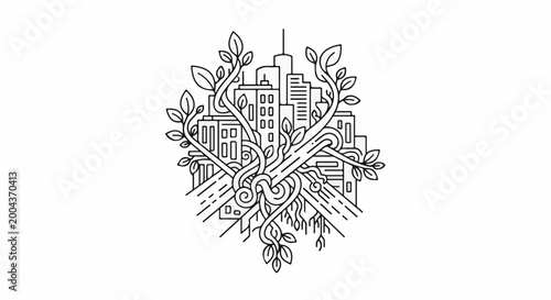 Fotografie Urban roots intertwine with cityscape buildings and branches