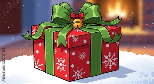 A festive red and green striped gift box tied with a large green ribbon and adorned with a golden bell, sitting on a snowy surface.