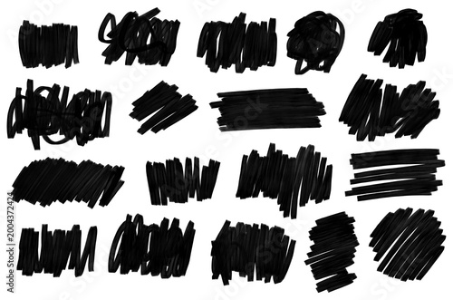 Set of black hand drawn marker strokes isolated on white. Rough scribble textures and bold ink shapes for highlighting text, creating banners, frames and modern graphic accents