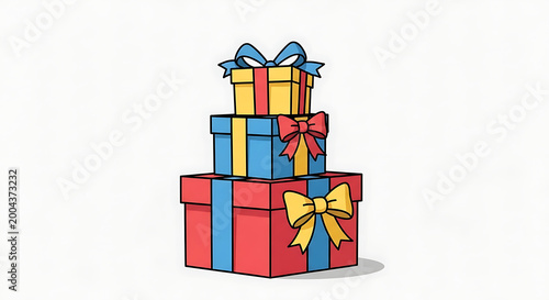 A stack of three colorful gift boxes, tied with festive bows, is presented against a clean background, symbolizing abundance and holiday presents.