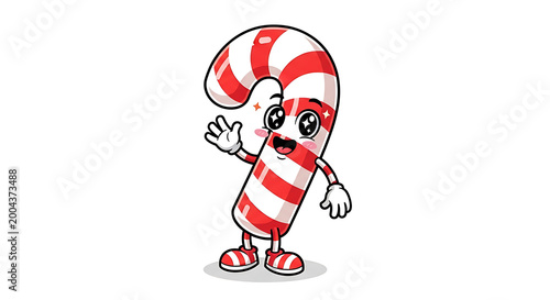 A cute, anthropomorphic candy cane with arms, legs, and a smiling face waving hello on a white background.