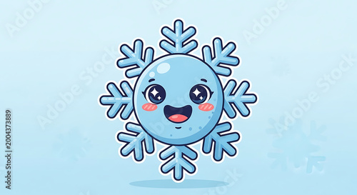 A happy, adorable cartoon snowflake character with big eyes and rosy cheeks smiling in a soft blue background.