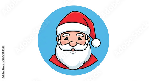 A friendly cartoon portrait of Santa Claus with a red hat, white beard, and mustache is displayed within a bright blue circular frame.