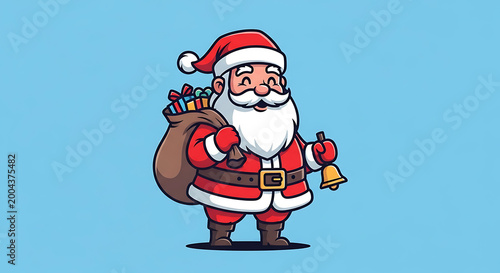 Santa Claus in his traditional red suit, carrying a sack of gifts and a bell, stands against a plain light blue background.