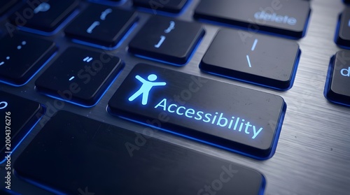 Bright blue accessibility icon glowing on a black computer keyboard key for modern web users