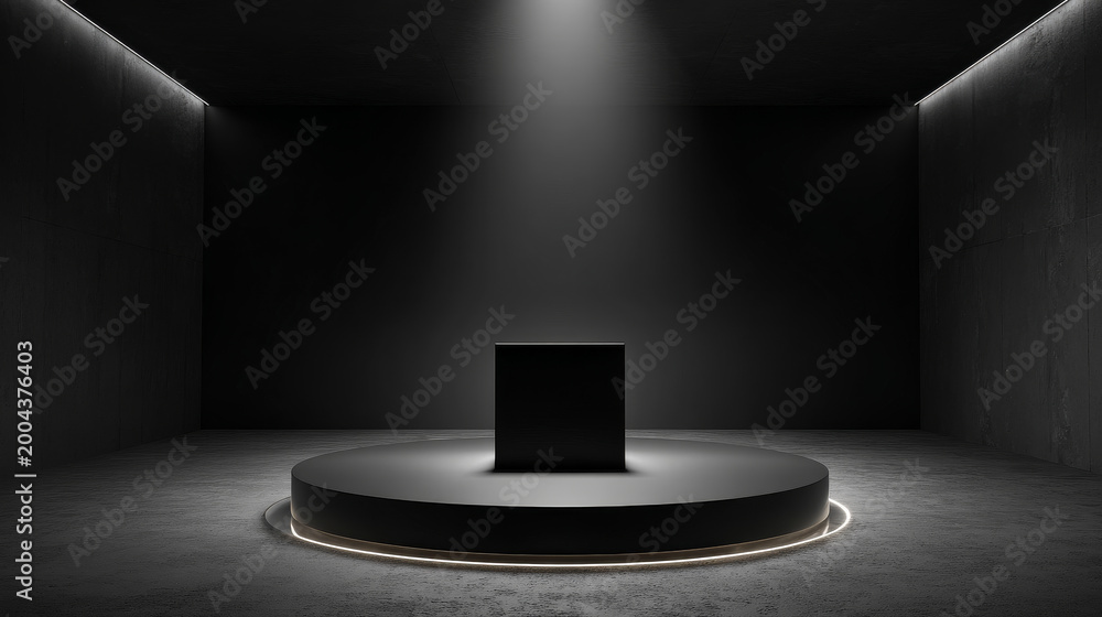 Fototapeta premium empty black podium display, minimal dark pedestal for product showcase, blank stage, 3D Rendering