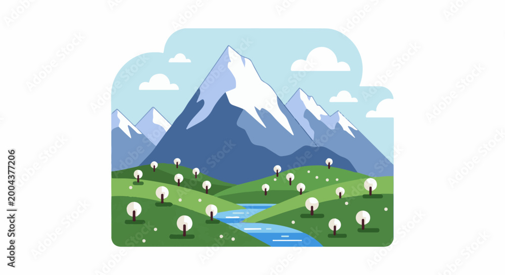 Fototapeta premium A picturesque mountain landscape with a winding river and scattered trees