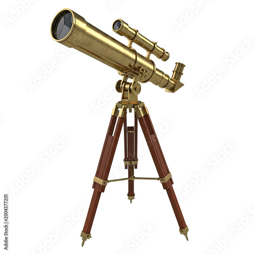 Vintage brass telescope on a wooden tripod stand.