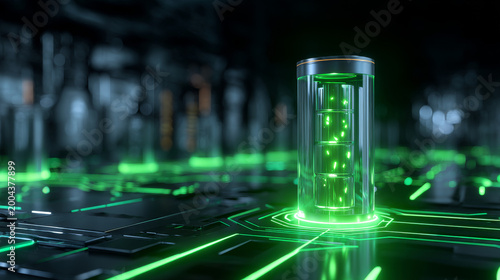 3D Rendering of solid state long lasting battery energy concept. Green glowing lights with high tech tube on abstract background. Next generation power source for car, mobile, or any electric devices