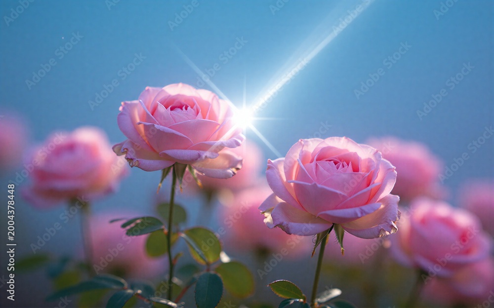 Obraz premium Pink roses bloom under bright sun soft petals glowing with warmth and