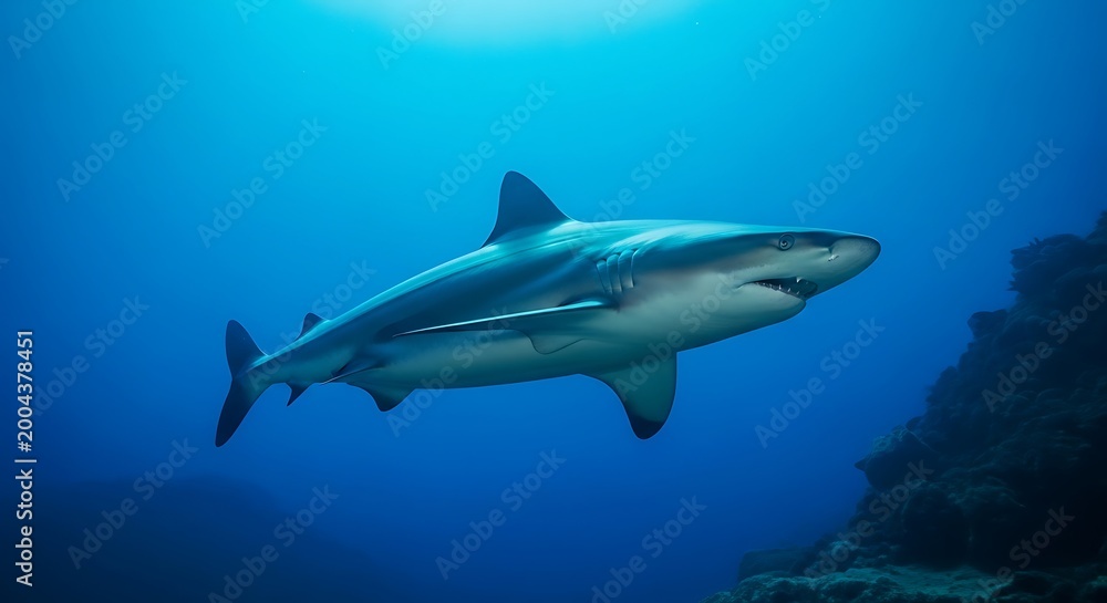 Fototapeta premium Powerful Shark Swimming in Deep Blue Ocean Water, Underwater Wildlife Stock Photo