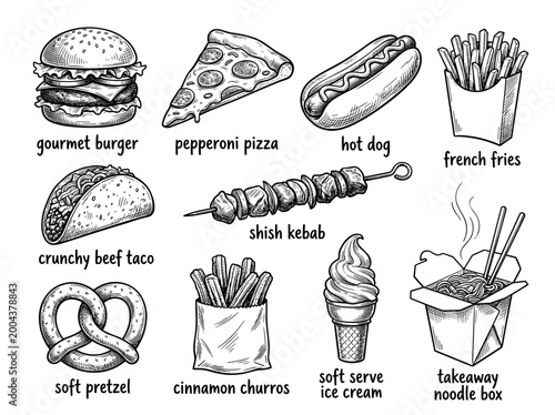 Vintage Street Food Engraving Set: 10 Ink Sketch Vector Icons for Menu Branding