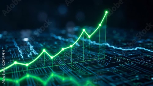 AI SEO assistant data, Futuristic digital finance growth chart data analysis technology background neon green glowing line graph stock market business success trend