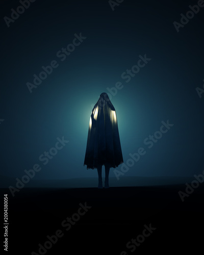 Φωτογραφία Ghost Cloaked Phantom Spirit Apparition Standing in Dark Landscape with Dramatic