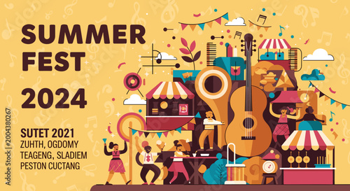 Bilde på lerret A vibrant illustration of a summer music festival with dancing people, musical instruments, food stalls, and festive decorations under a warm sky
