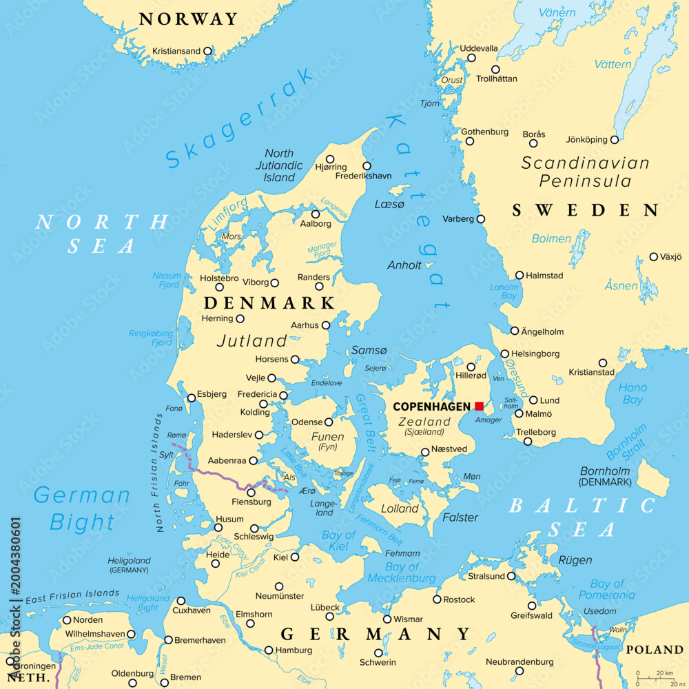 Fototapeta premium Danish straits, Denmark, political map. The Baltic Sea connected with the North Sea through Kattegat and Skagerrak. Danish Straits are international waterways and open to commercial shipping. Vector