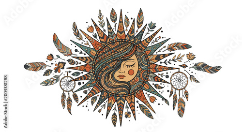 Quadro su tela Bohemian sun goddess with dreamcatchers and feathers, intricate tribal patterns, and earthy tones