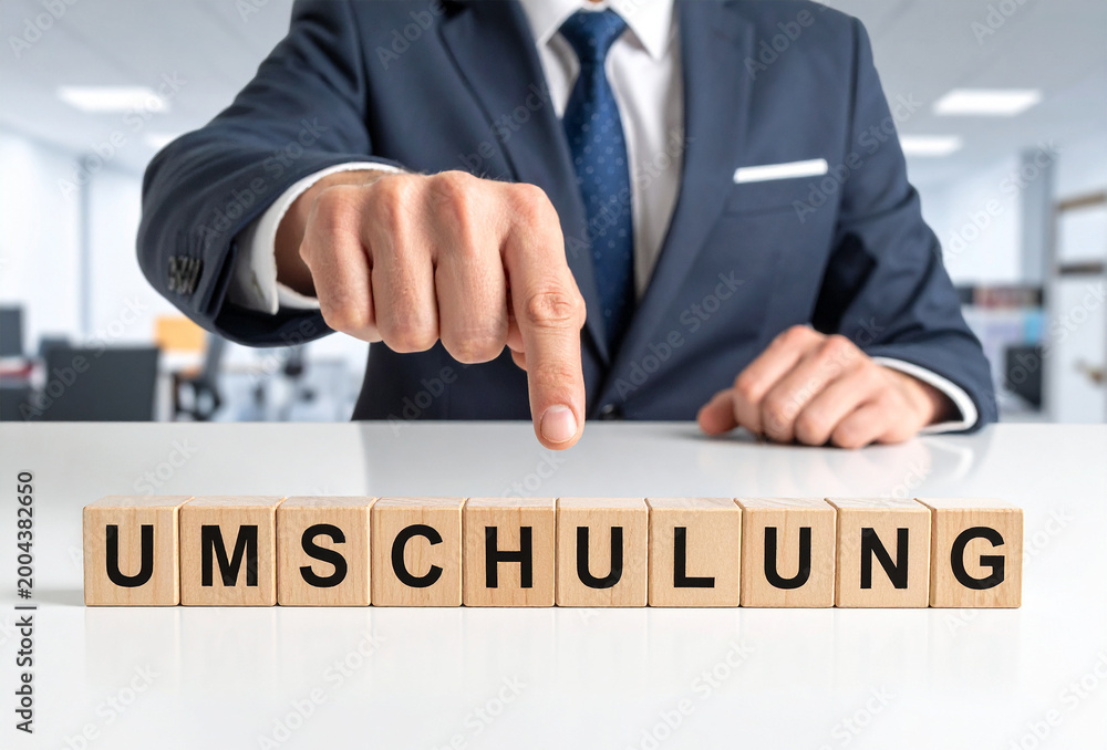 Obraz premium Umschulung - Geschäftsmann zeigt auf den Text 