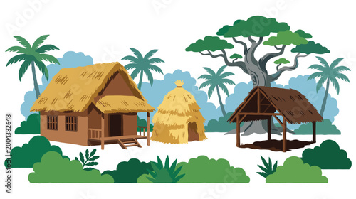 Photos Traditional house with thatched roof and other huts surrounded by lush tropical vegetation