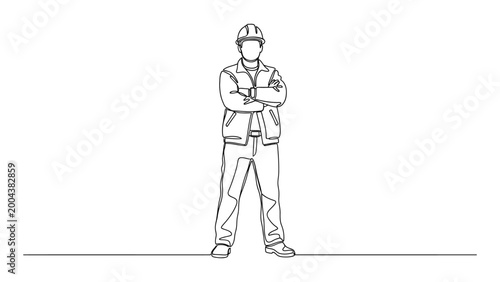Continuous line drawing of a construction worker standing with arms crossed.