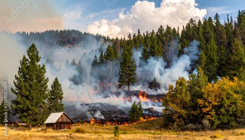 Devastating Wildfire Consumes Homes and Forest in a Rural Landscape.