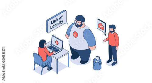 Isometric illustration of people discussing loyalty link and marketing strategy.