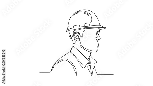 Continuous one line drawing of a construction worker wearing a safety helmet.