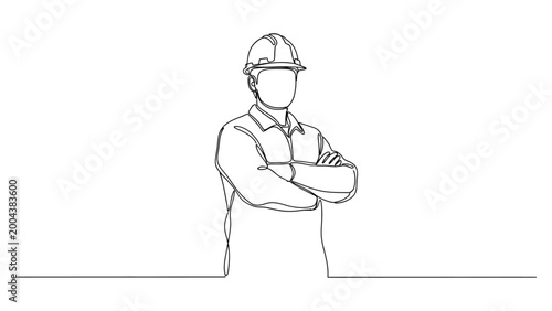 Continuous one line drawing of a construction worker wearing a safety hard hat.