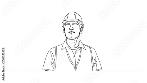 Continuous line drawing of a construction worker wearing a safety hard hat.