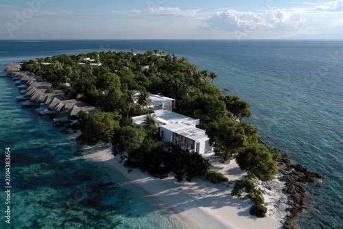 This stunning aerial view captures a serene tropical island featuring luxurious overwater bungalows, lush palm trees, and crystal-clear turquoise waters under a bright sky.