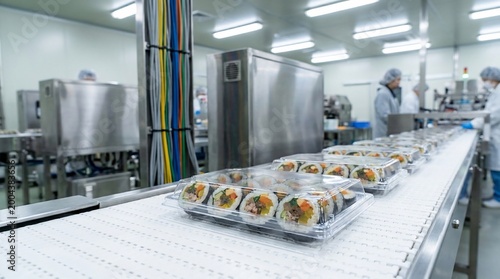 Sushi Rolls on Conveyor Belt in Modern Food Processing Plant.