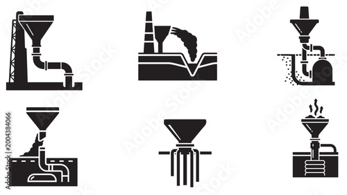Industrial filtration and drainage system icons showing wastewater treatment and pipe flow processes
