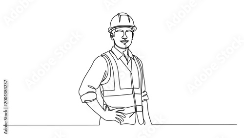 Continuous line drawing of a construction worker wearing a safety helmet and vest.