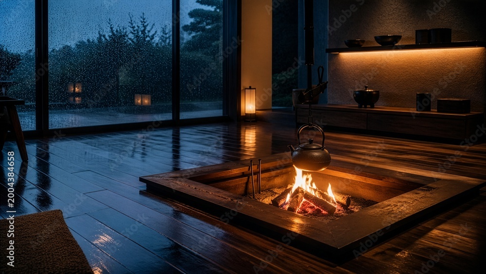 Fototapeta premium Modern Japanese-style irori hearth in a minimalist glass house with rain and reflective floor