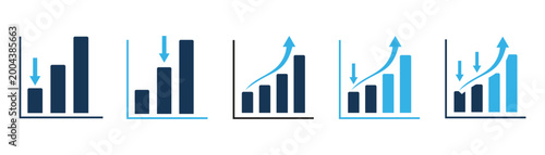 Business growth bar chart icon set with upward and downward arrows. Financial Analytics Progress Graph Collection, Data Increase Trend, Marketing Performance Vector Icons Pack Vector Illustration Free Download Business growth bar chart icon set with upward and downward arrows. Financial Analytics Progress Graph Collection, Data Increase Trend, Marketing Performance Vector Icons Pack Vector Illustration - GFXLoad