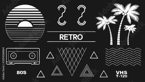 retro 80s synthwave collection with sun palm trees cassette tape and wave silhouettes on black high quality professional