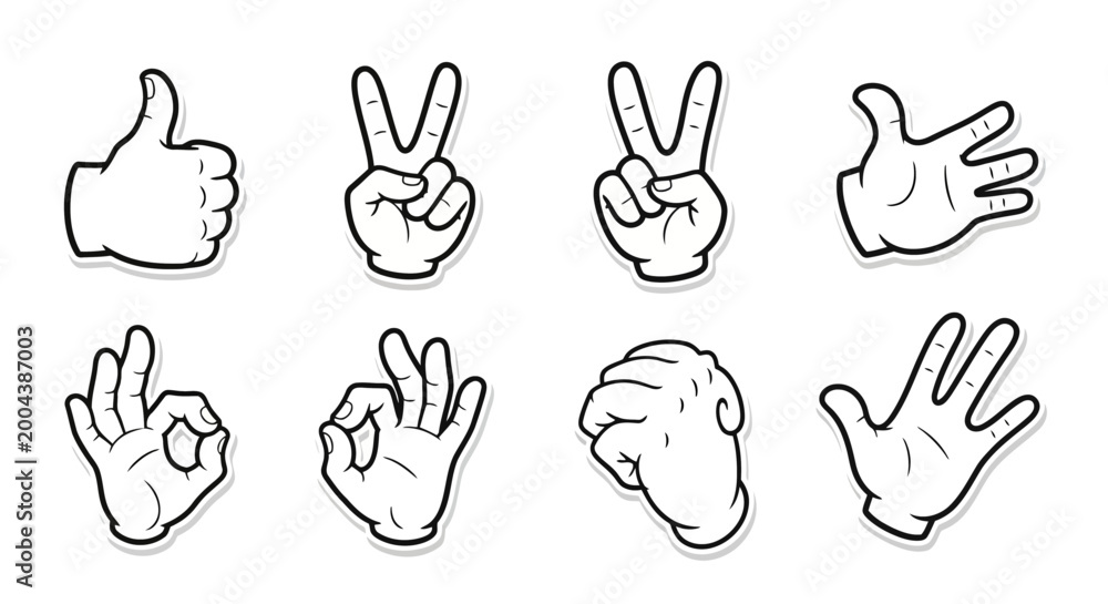 Fototapeta premium Set of cartoon hand gestures, collection of various hand signs, thumbs up, victory sign, ok sign, fist