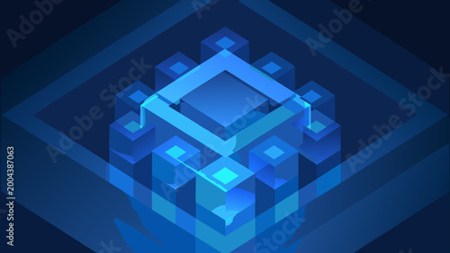 abstract glowing blue cubes arranged in a complex geometric pattern on a dark background high quality professional detailed