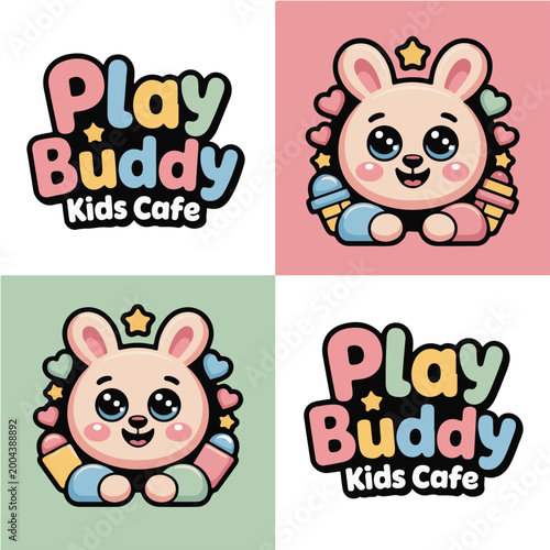Cute mascot logo design for a kids cafe called Play Buddy brand