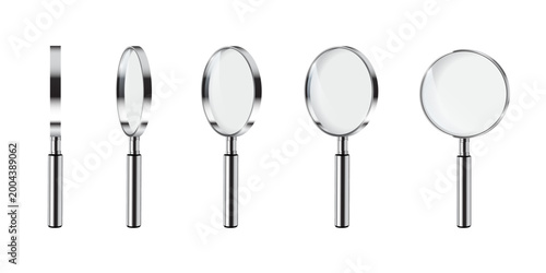 Tableau sur toile Magnifying glass set of five silver handled lenses in different angles and positions