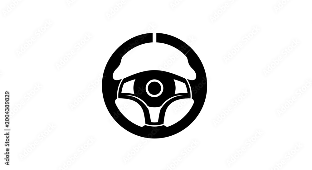 Obraz premium Minimalist monochrome steering wheel symbol design representing automotive driving and navigation